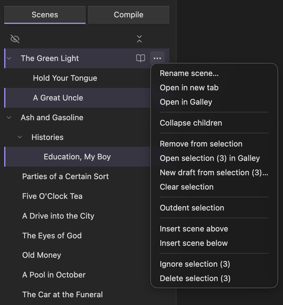 The Scenes pane with multiple scenes selected and the context menu open