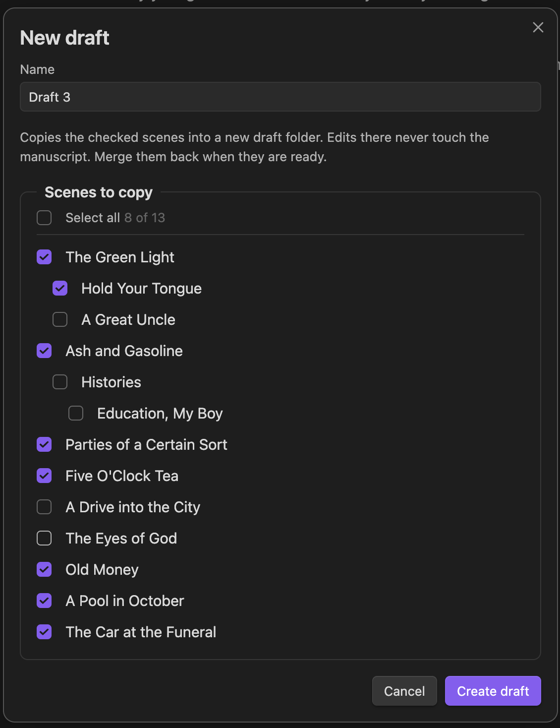 The New draft dialog with some scenes checked for copying