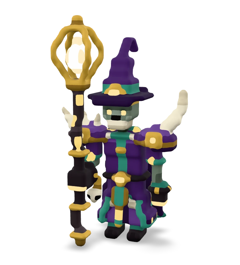 Sculpted figure of an undead mage in purple and teal robes and horned pauldrons, holding a staff crowned with a lantern.